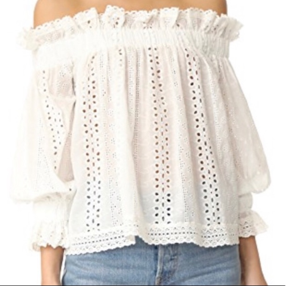 White eyelet off the shoulder top